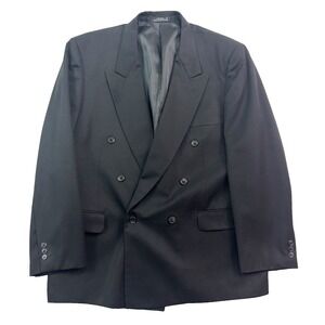 vtg 90s Black Double Breasted Blazer 46R 100% Wool Jacket Sport Suit Coat